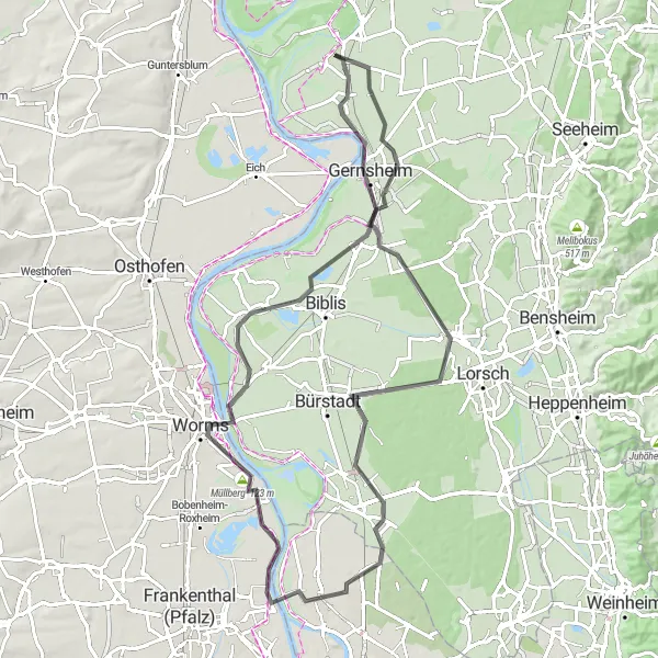 Karten-Miniaturansicht der Radinspiration "Road-Tour um Stockstadt am Rhein" in Darmstadt, Germany. Erstellt vom Tarmacs.app-Routenplaner für Radtouren