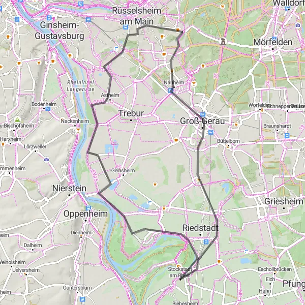 Map miniature of "Scenic Road Cycling from Stockstadt am Rhein to Groß-Gerau" cycling inspiration in Darmstadt, Germany. Generated by Tarmacs.app cycling route planner