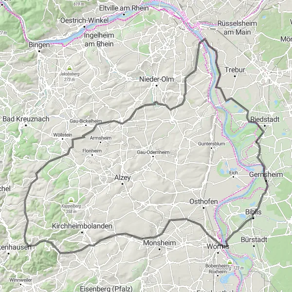 Map miniature of "Hessen Vineyard Tour" cycling inspiration in Darmstadt, Germany. Generated by Tarmacs.app cycling route planner