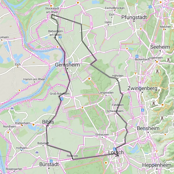 Map miniature of "Scenic Road Cycling near Stockstadt am Rhein" cycling inspiration in Darmstadt, Germany. Generated by Tarmacs.app cycling route planner