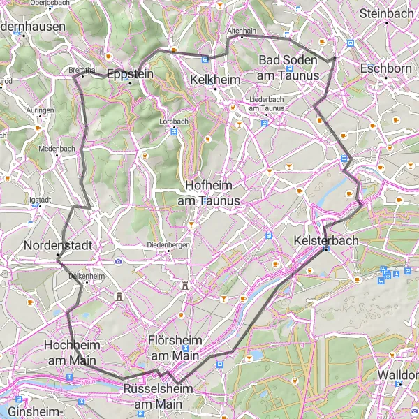 Map miniature of "Road Cycling Adventure near Sulzbach" cycling inspiration in Darmstadt, Germany. Generated by Tarmacs.app cycling route planner