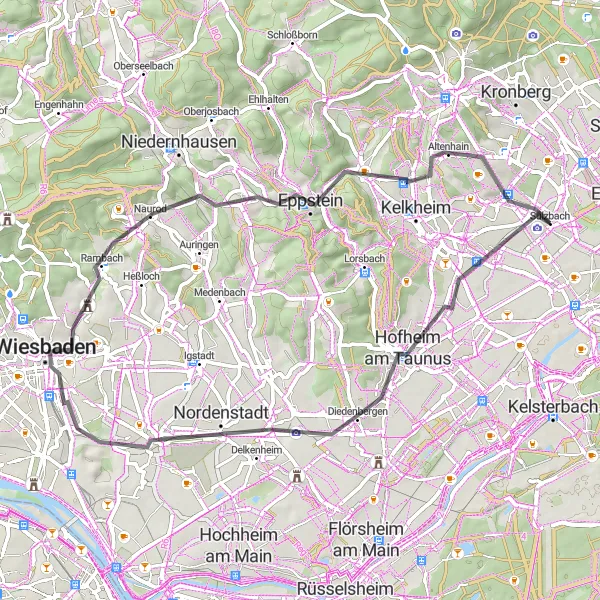 Map miniature of "Taunus Loop" cycling inspiration in Darmstadt, Germany. Generated by Tarmacs.app cycling route planner