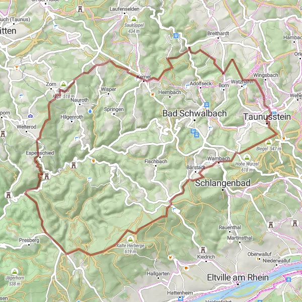 Map miniature of "Challenging Adventure: Taunusstein to Dieling Gravel Loop" cycling inspiration in Darmstadt, Germany. Generated by Tarmacs.app cycling route planner