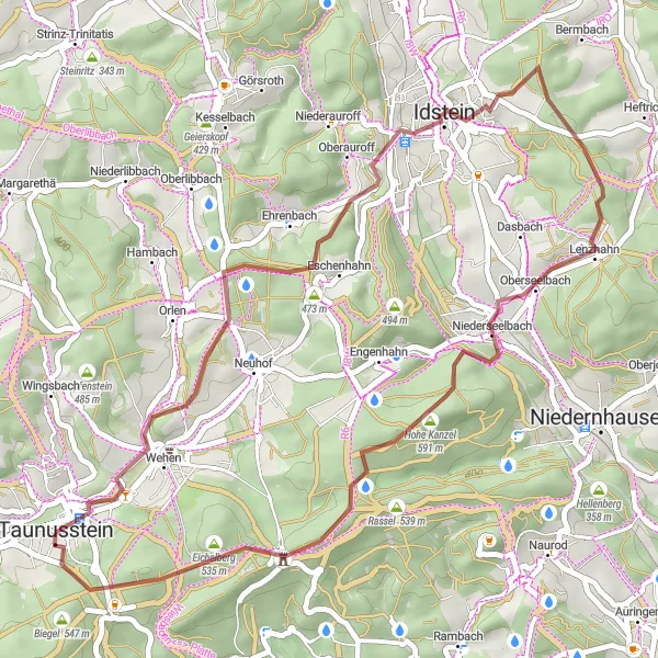 Map miniature of "Rustic Routes: Hahn and Taunusstein Gravel Cycling" cycling inspiration in Darmstadt, Germany. Generated by Tarmacs.app cycling route planner