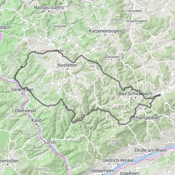 Map miniature of "Taunusstein Loop" cycling inspiration in Darmstadt, Germany. Generated by Tarmacs.app cycling route planner