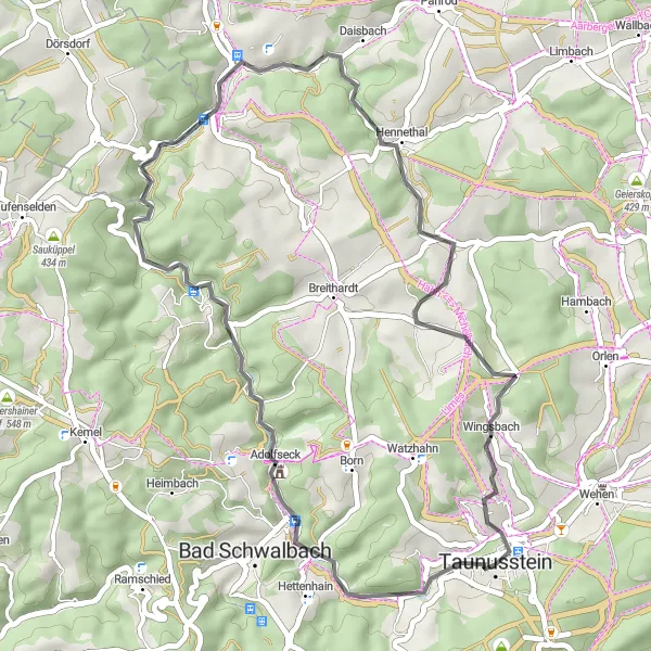 Map miniature of "Taunusstein to Wingsbach Loop" cycling inspiration in Darmstadt, Germany. Generated by Tarmacs.app cycling route planner