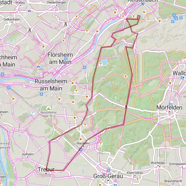 Map miniature of "Aussichtsturm Mönchbruch and Nauheim Gravel Ride" cycling inspiration in Darmstadt, Germany. Generated by Tarmacs.app cycling route planner