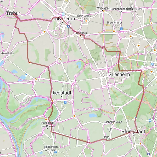 Map miniature of "Trebur - Pfungstadt Round Trip" cycling inspiration in Darmstadt, Germany. Generated by Tarmacs.app cycling route planner