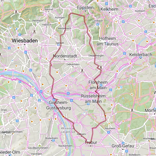 Map miniature of "Trebur to Flörsheim am Main Loop" cycling inspiration in Darmstadt, Germany. Generated by Tarmacs.app cycling route planner