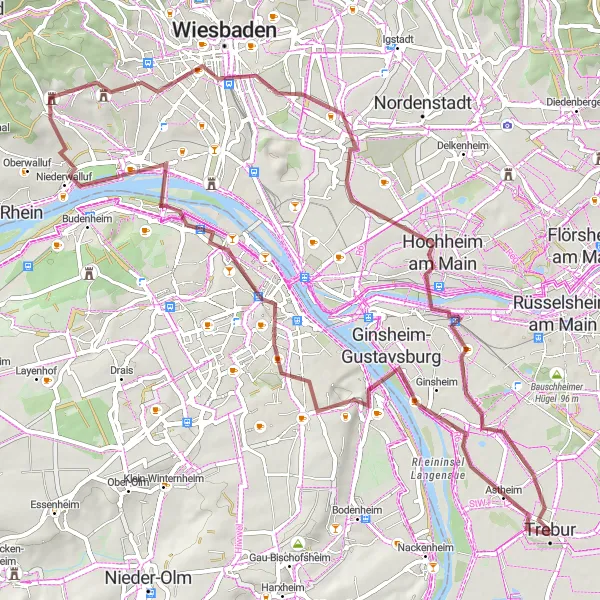 Map miniature of "Trebur - Hochheim am Main Round Trip" cycling inspiration in Darmstadt, Germany. Generated by Tarmacs.app cycling route planner