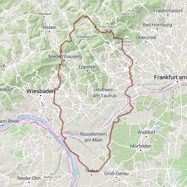 Map miniature of "Trebur to Nauheim Loop" cycling inspiration in Darmstadt, Germany. Generated by Tarmacs.app cycling route planner
