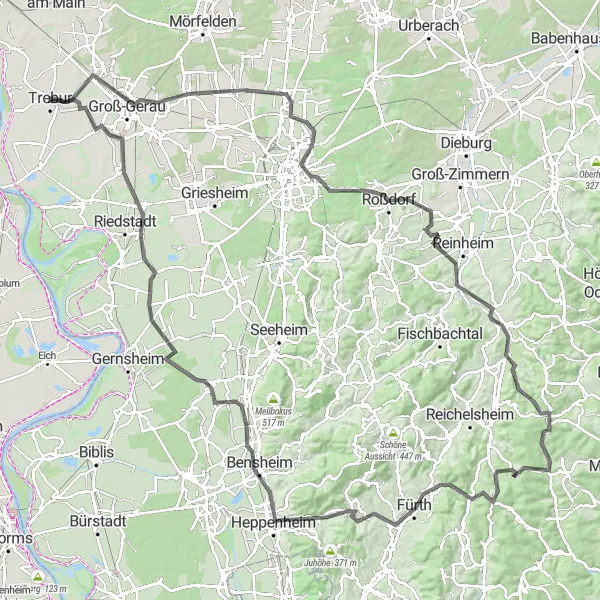 Map miniature of "Trebur - Heppenheim Round Trip" cycling inspiration in Darmstadt, Germany. Generated by Tarmacs.app cycling route planner