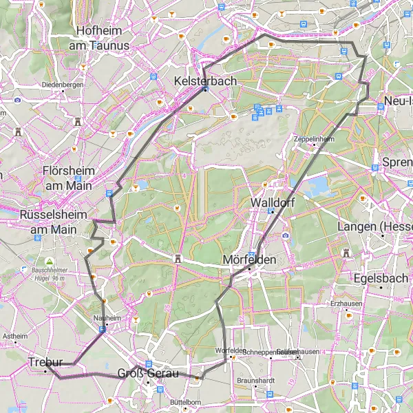 Map miniature of "Raunheim and Groß-Gerau Cycling Route" cycling inspiration in Darmstadt, Germany. Generated by Tarmacs.app cycling route planner