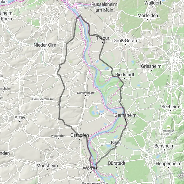 Map miniature of "Trebur - Worms Round Trip" cycling inspiration in Darmstadt, Germany. Generated by Tarmacs.app cycling route planner