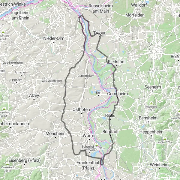 Map miniature of "Stockstadt am Rhein and Dexheim Cycling Tour" cycling inspiration in Darmstadt, Germany. Generated by Tarmacs.app cycling route planner