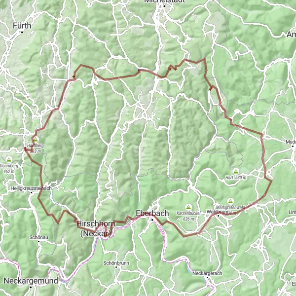 Map miniature of "The Spessart Gravel Adventure" cycling inspiration in Darmstadt, Germany. Generated by Tarmacs.app cycling route planner
