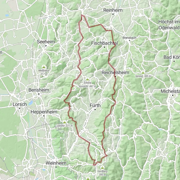 Map miniature of "Mountain Challenge" cycling inspiration in Darmstadt, Germany. Generated by Tarmacs.app cycling route planner
