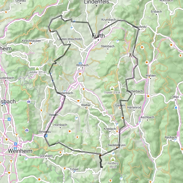 Karten-Miniaturansicht der Radinspiration "Bergtour durch den Odenwald" in Darmstadt, Germany. Erstellt vom Tarmacs.app-Routenplaner für Radtouren