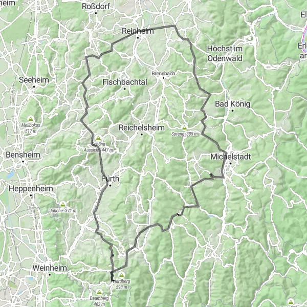 Map miniature of "Odenwald Delights" cycling inspiration in Darmstadt, Germany. Generated by Tarmacs.app cycling route planner