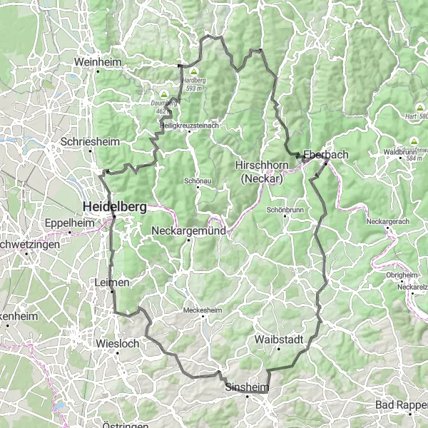 Map miniature of "Hilltops and Valleys" cycling inspiration in Darmstadt, Germany. Generated by Tarmacs.app cycling route planner