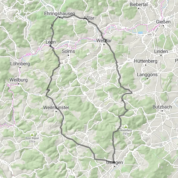 Map miniature of "The Heinzenberg Challenge" cycling inspiration in Darmstadt, Germany. Generated by Tarmacs.app cycling route planner