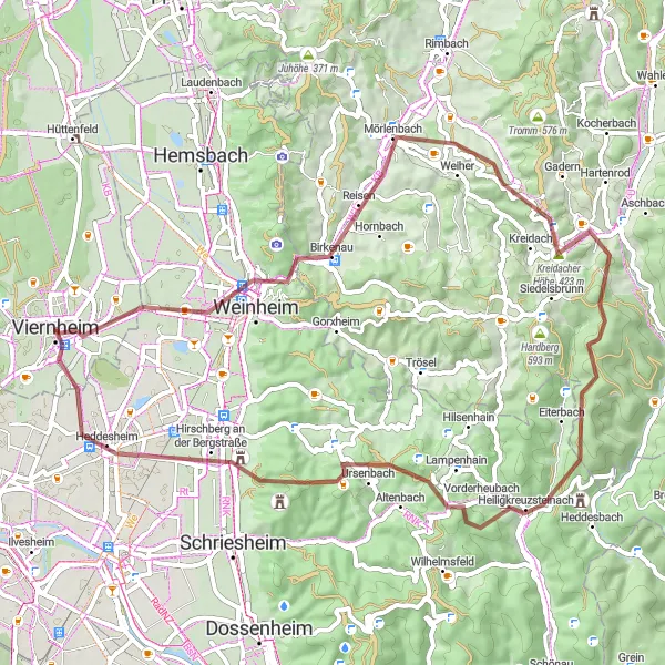 Map miniature of "Rural Gravel Escape" cycling inspiration in Darmstadt, Germany. Generated by Tarmacs.app cycling route planner