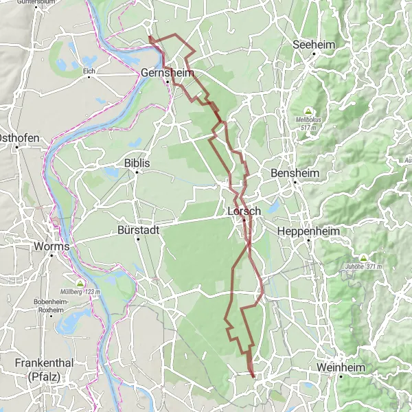 Map miniature of "Gravel Adventure" cycling inspiration in Darmstadt, Germany. Generated by Tarmacs.app cycling route planner