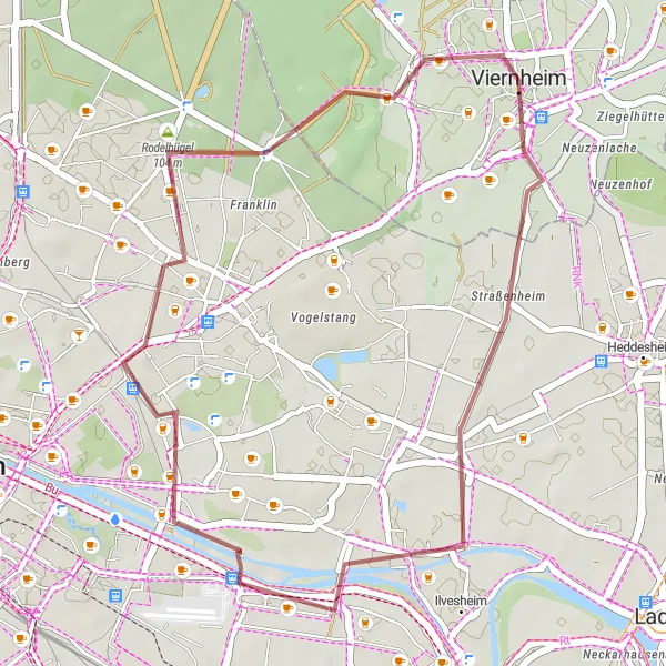Karten-Miniaturansicht der Radinspiration "Käfertal und Glockenbuckel" in Darmstadt, Germany. Erstellt vom Tarmacs.app-Routenplaner für Radtouren
