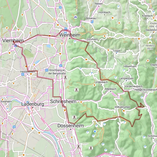 Karten-Miniaturansicht der Radinspiration "Weinheim und Wilhelmsfeld" in Darmstadt, Germany. Erstellt vom Tarmacs.app-Routenplaner für Radtouren