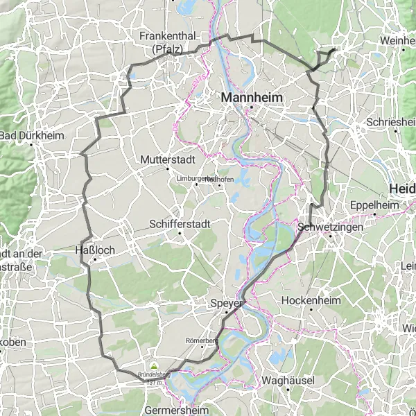 Map miniature of "Exploring the Riversides" cycling inspiration in Darmstadt, Germany. Generated by Tarmacs.app cycling route planner