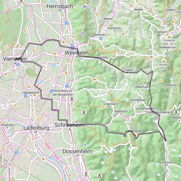 Map miniature of "Mountain Challenge" cycling inspiration in Darmstadt, Germany. Generated by Tarmacs.app cycling route planner