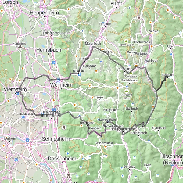 Karten-Miniaturansicht der Radinspiration "Weinheim und Heiligkreuzsteinach Erkundung" in Darmstadt, Germany. Erstellt vom Tarmacs.app-Routenplaner für Radtouren