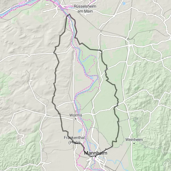 Karten-Miniaturansicht der Radinspiration "Rund um Viernheim" in Darmstadt, Germany. Erstellt vom Tarmacs.app-Routenplaner für Radtouren