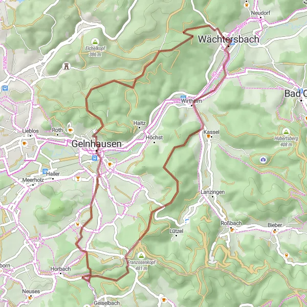 Map miniature of "Wächtersbach Gravel Adventure" cycling inspiration in Darmstadt, Germany. Generated by Tarmacs.app cycling route planner