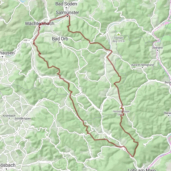 Map miniature of "Mystical Gravel Trail" cycling inspiration in Darmstadt, Germany. Generated by Tarmacs.app cycling route planner