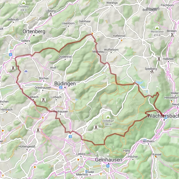 Map miniature of "The Gravel Adventure of Wächtersbach" cycling inspiration in Darmstadt, Germany. Generated by Tarmacs.app cycling route planner