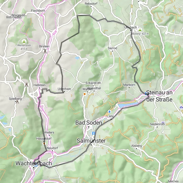 Map miniature of "Around Wächtersbach Road Cycling Route" cycling inspiration in Darmstadt, Germany. Generated by Tarmacs.app cycling route planner