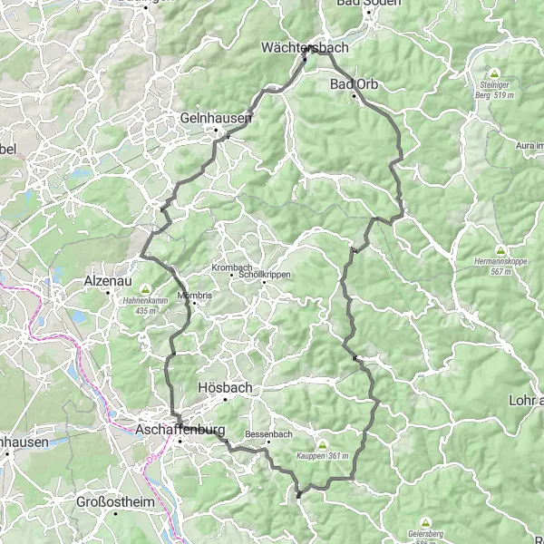 Map miniature of "The Ultimate Wächtersbach Cycling Challenge" cycling inspiration in Darmstadt, Germany. Generated by Tarmacs.app cycling route planner