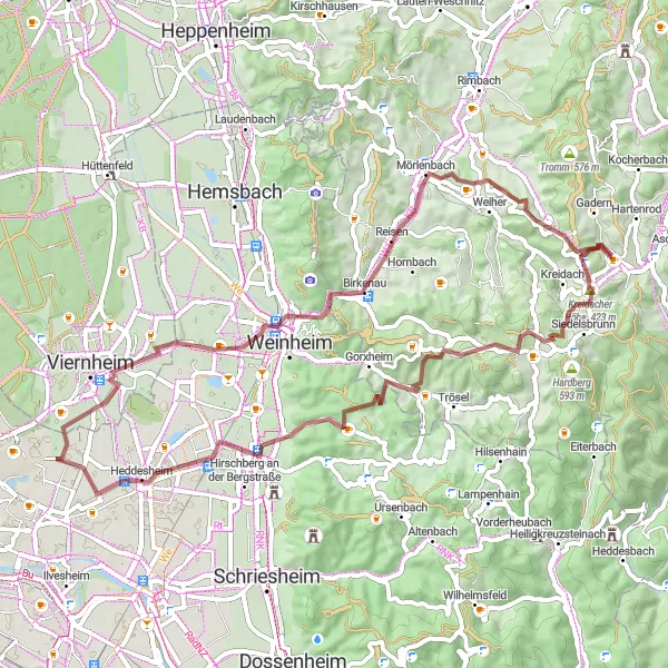 Map miniature of "Hilly Gravel Adventure" cycling inspiration in Darmstadt, Germany. Generated by Tarmacs.app cycling route planner
