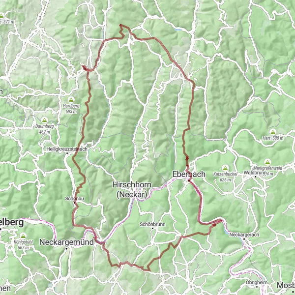 Map miniature of "Mountainous Gravel Adventure" cycling inspiration in Darmstadt, Germany. Generated by Tarmacs.app cycling route planner