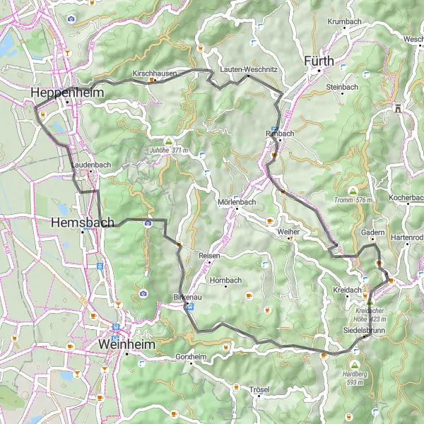 Map miniature of "Scenic Road Cycling in Wald-Michelbach" cycling inspiration in Darmstadt, Germany. Generated by Tarmacs.app cycling route planner