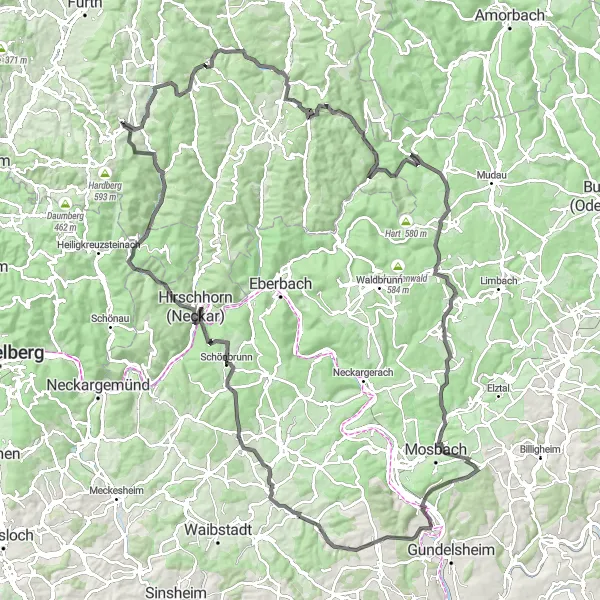 Map miniature of "Odenwald Discovery" cycling inspiration in Darmstadt, Germany. Generated by Tarmacs.app cycling route planner