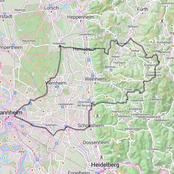 Karten-Miniaturansicht der Radinspiration "Rundweg über Schriesheim und Viernheim" in Darmstadt, Germany. Erstellt vom Tarmacs.app-Routenplaner für Radtouren