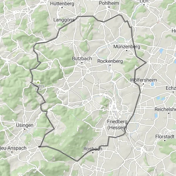 Map miniature of "Wehrheim to Köppern Road Loop" cycling inspiration in Darmstadt, Germany. Generated by Tarmacs.app cycling route planner