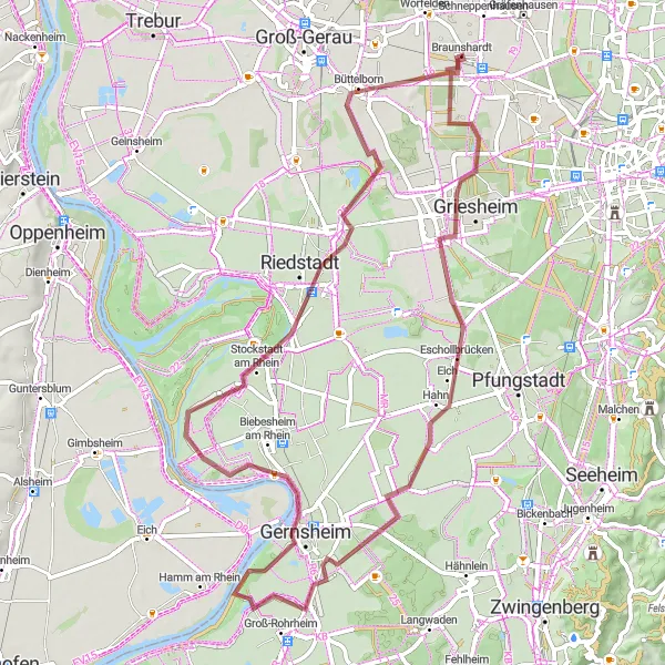 Map miniature of "Gravel Journey through Nature" cycling inspiration in Darmstadt, Germany. Generated by Tarmacs.app cycling route planner