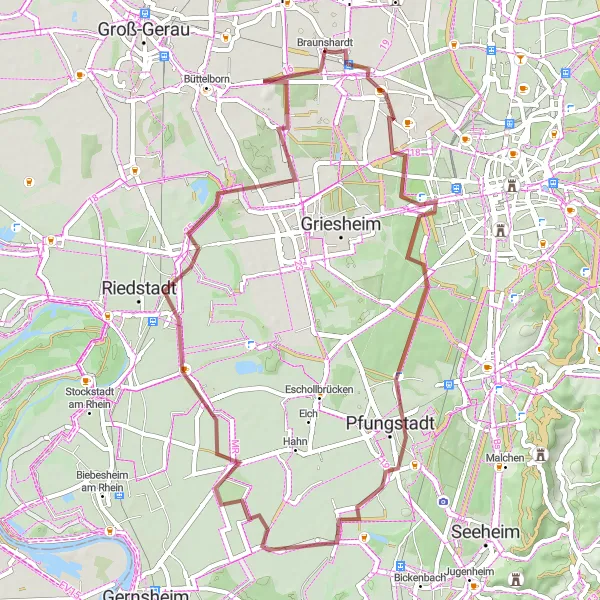 Map miniature of "Through the Countryside" cycling inspiration in Darmstadt, Germany. Generated by Tarmacs.app cycling route planner