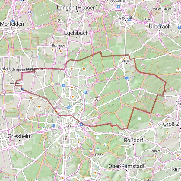 Map miniature of "Bruanshardt Castle and the Forest Spiral" cycling inspiration in Darmstadt, Germany. Generated by Tarmacs.app cycling route planner