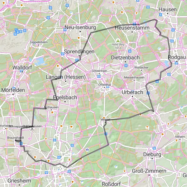 Map miniature of "Langen Loop" cycling inspiration in Darmstadt, Germany. Generated by Tarmacs.app cycling route planner