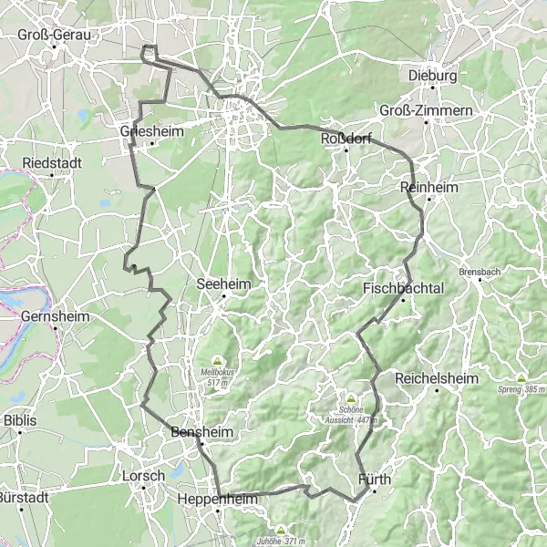 Map miniature of "The Enchanting Odenwald" cycling inspiration in Darmstadt, Germany. Generated by Tarmacs.app cycling route planner