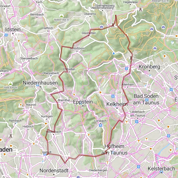 Map miniature of "Exploring the Taunus Gravel Trails" cycling inspiration in Darmstadt, Germany. Generated by Tarmacs.app cycling route planner